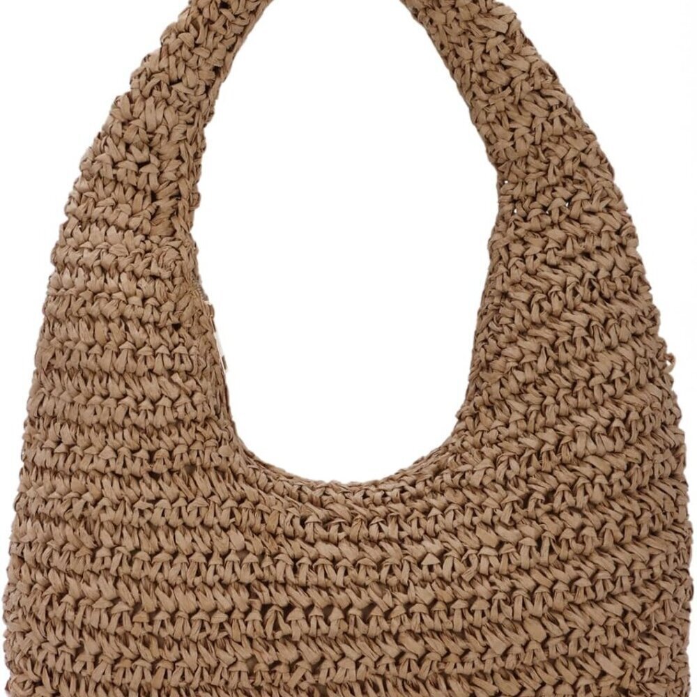 Crescent Straw Purse Women Summer Beach Hobo Tote Woven Bag Zipper Closure